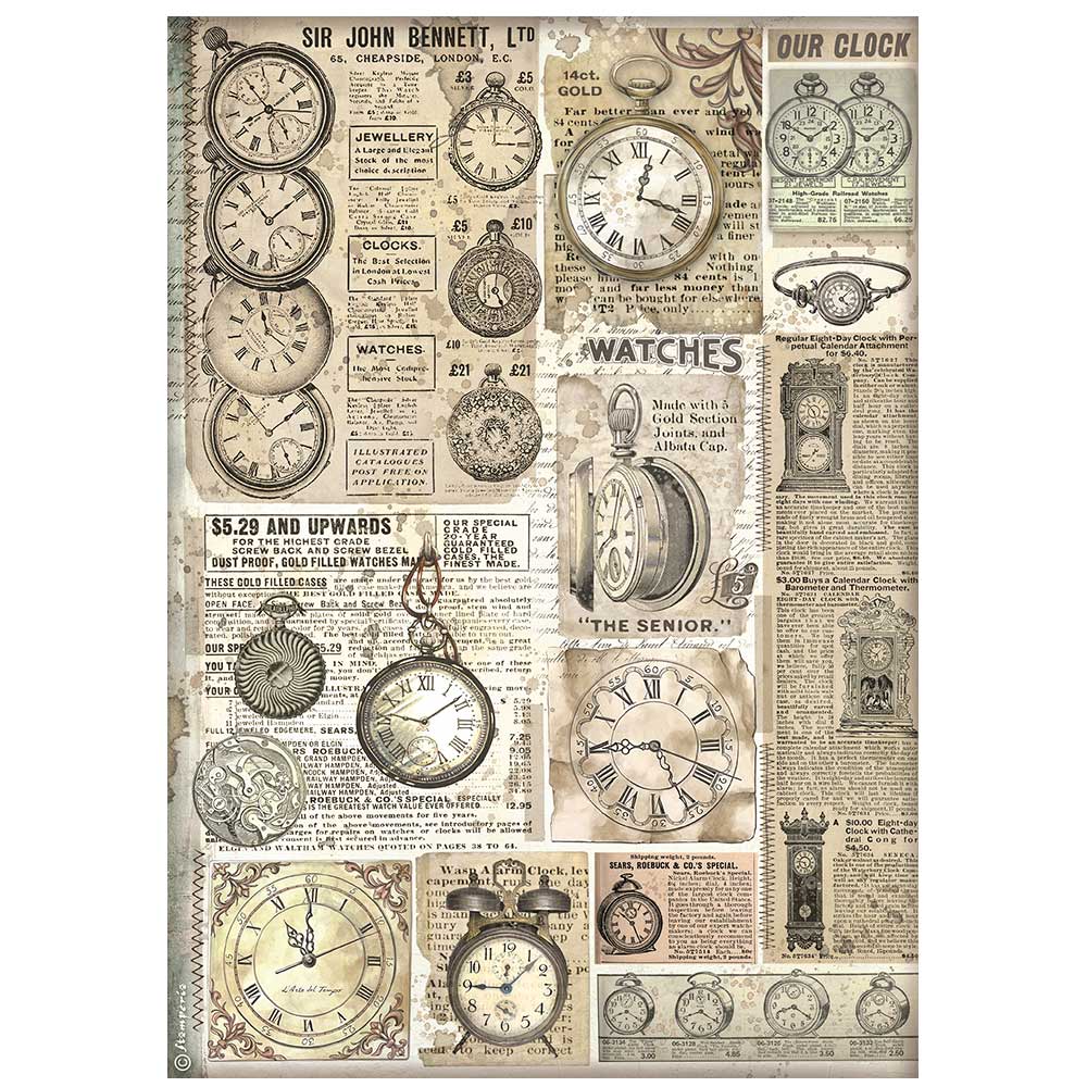 Stamperia Brocante Antiques A4 Rice Paper - Clocks