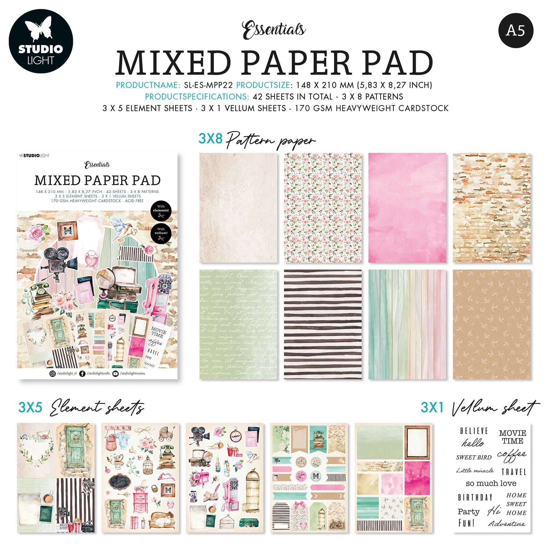 Studio Light Mixed Paper Pad Lovely Vintage Essentials